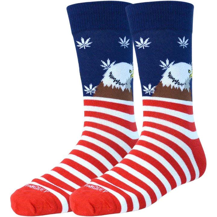 Bald Eagle American Flag with Marijuana Stars Premium Crew Novelty Socks - Blue Red White