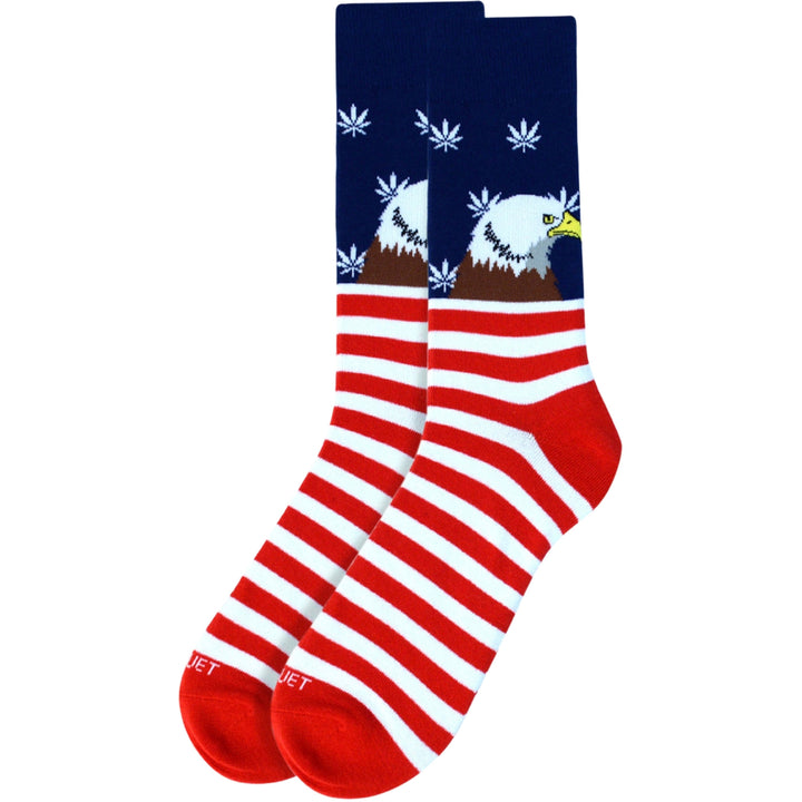Bald Eagle American Flag with Marijuana Stars Premium Crew Novelty Socks - Blue Red White