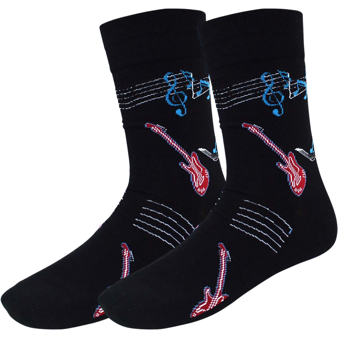 Guitar Musical Notes and Bar Lines Crew Novelty Socks - Black Red Blue