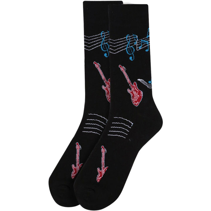 Guitar Musical Notes and Bar Lines Crew Novelty Socks - Black Red Blue