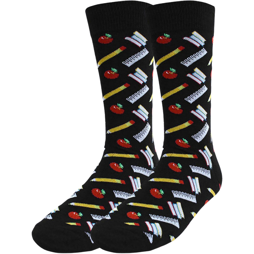 School Supplies Pencil Ruler Books Crew Novelty Socks - Black