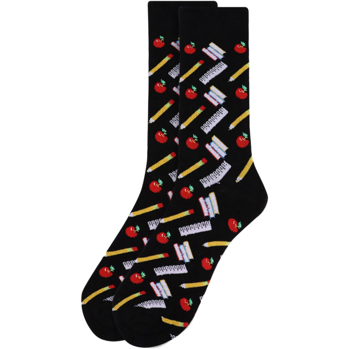 School Supplies Pencil Ruler Books Crew Novelty Socks - Black
