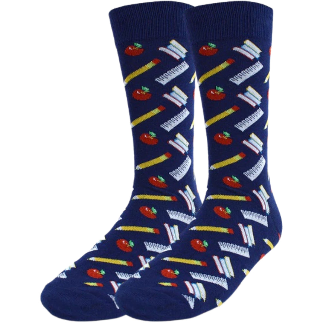 School Supplies Crew Novelty Socks - Navy Blue
