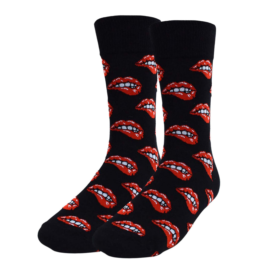 Valentine's Sexy Lip Bite Crew Novelty Socks - Black