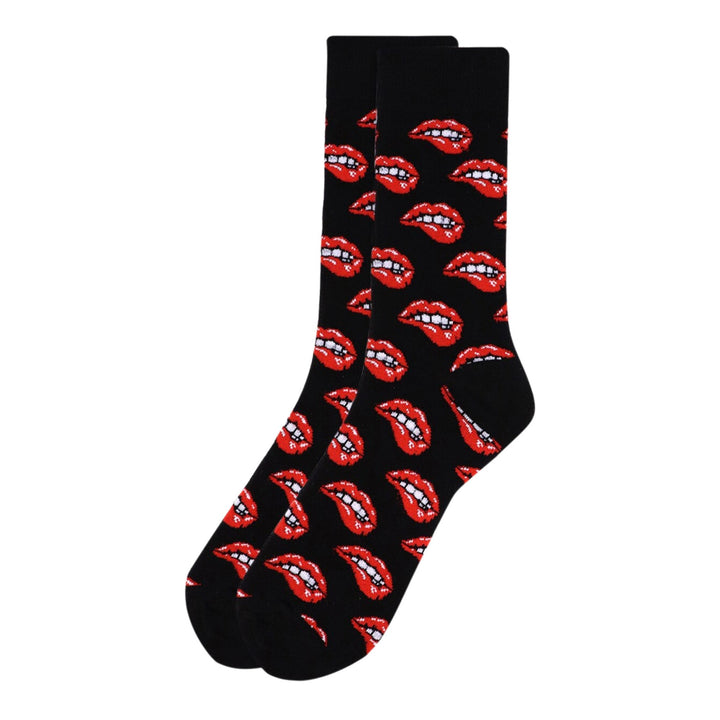 Valentine's Sexy Lip Bite Crew Novelty Socks - Black