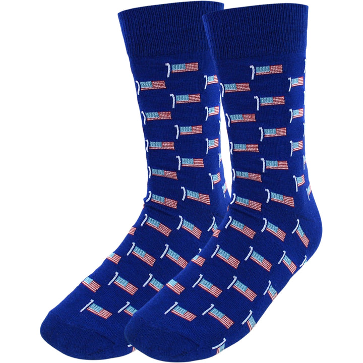 U.S.A. American Flags on Poles Crew Novelty Socks - Blue