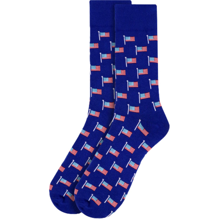 U.S.A. American Flags on Poles Crew Novelty Socks - Blue