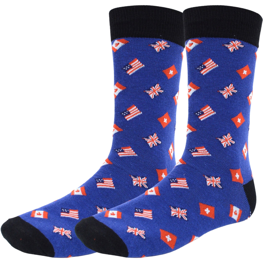 Flags USA Canada UK Switzerland Crew Novelty Socks - Blue