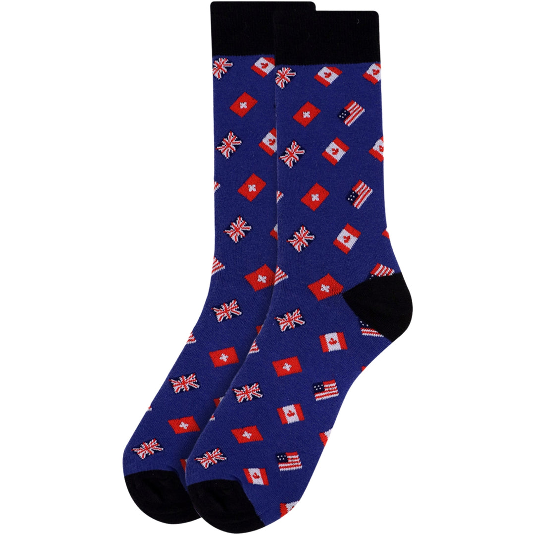 Flags USA Canada UK Switzerland Crew Novelty Socks - Blue