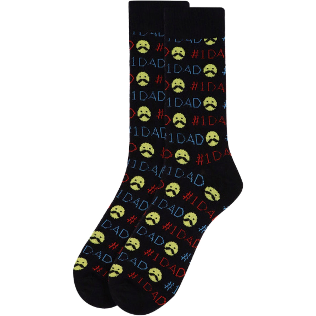 # 1 Dad Mustache Emoji Crew Novelty Socks - Black