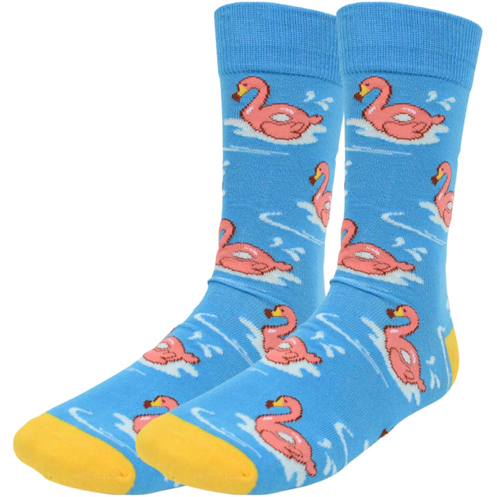 Flamingo Floaters On Water Crew Novelty Socks - Blue