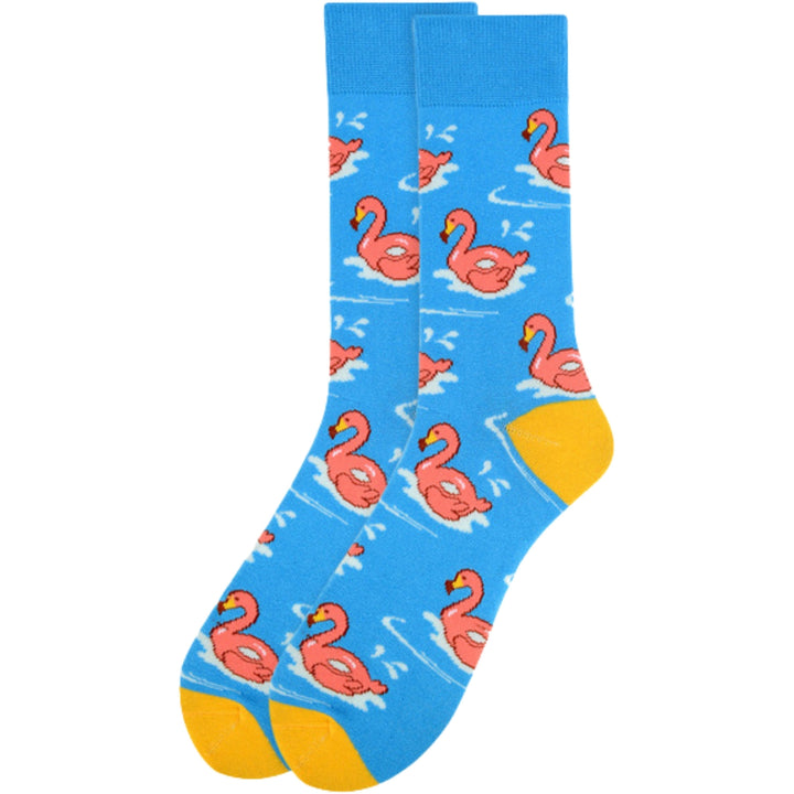Flamingo Floaters On Water Crew Novelty Socks - Blue