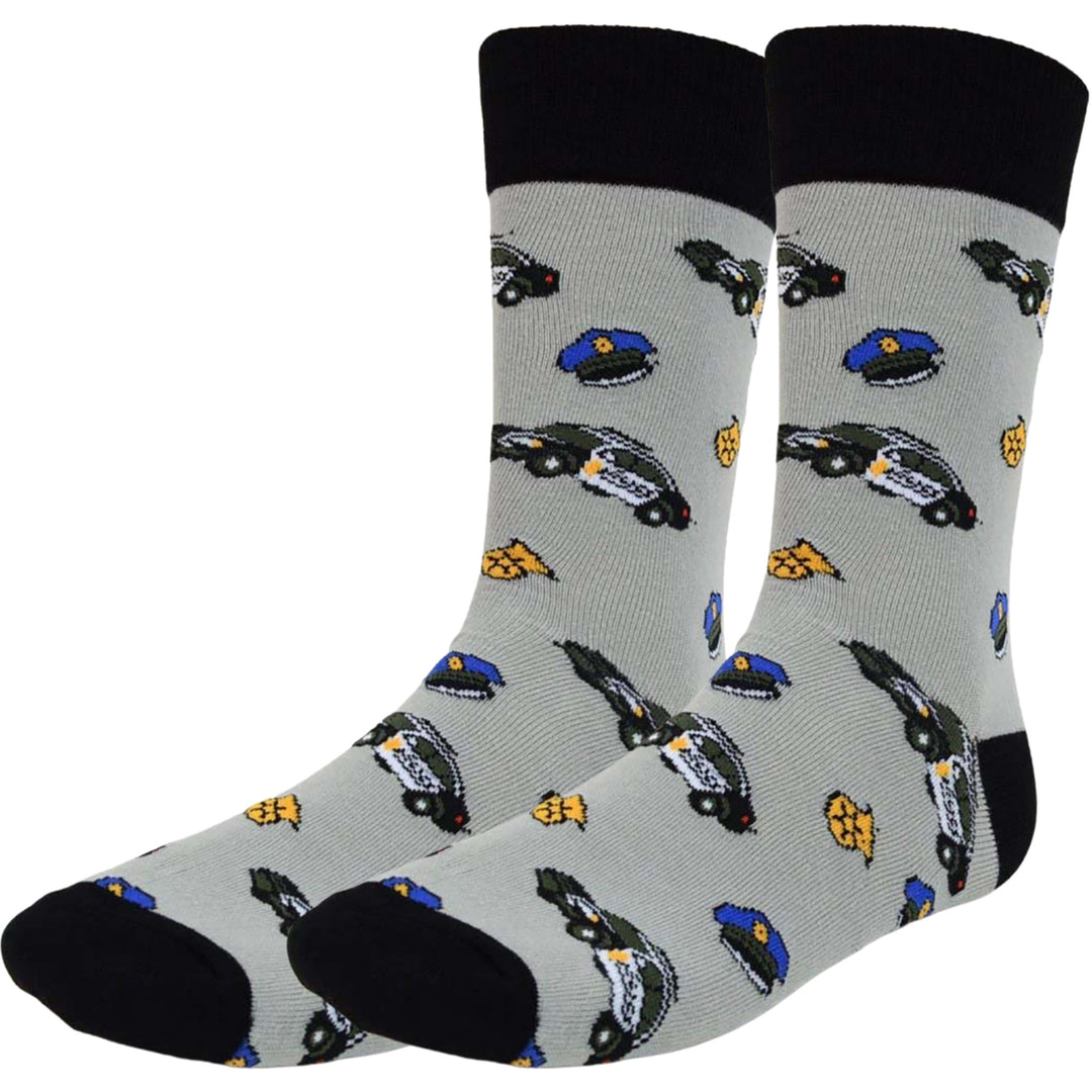 Police Officer Badge Hat Car Crew Novelty Socks - Gray