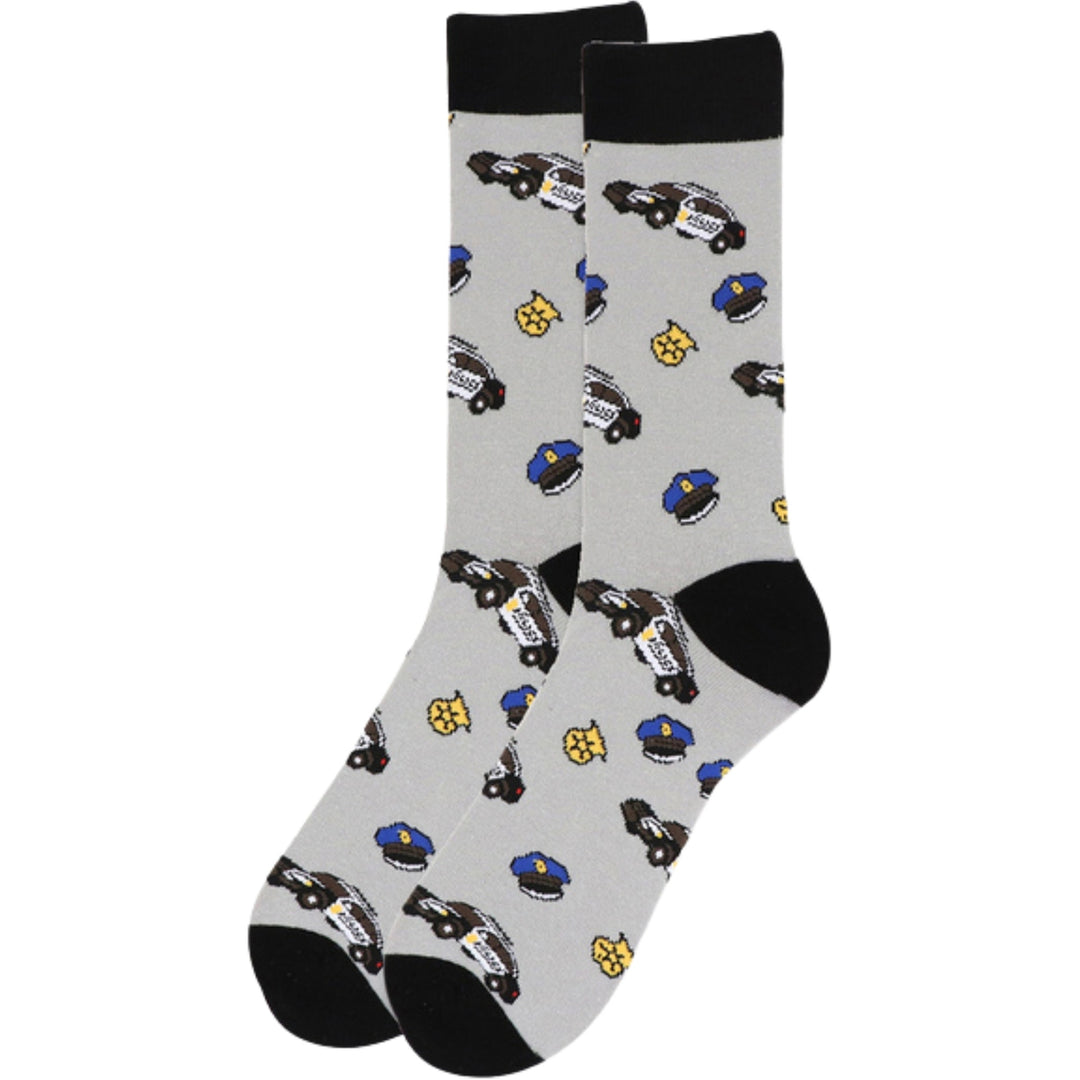 Police Officer Badge Hat Car Crew Novelty Socks - Gray