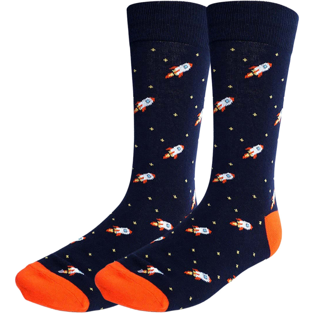 Flying Spaceship Stars Crew Novelty Socks - Navy Blue