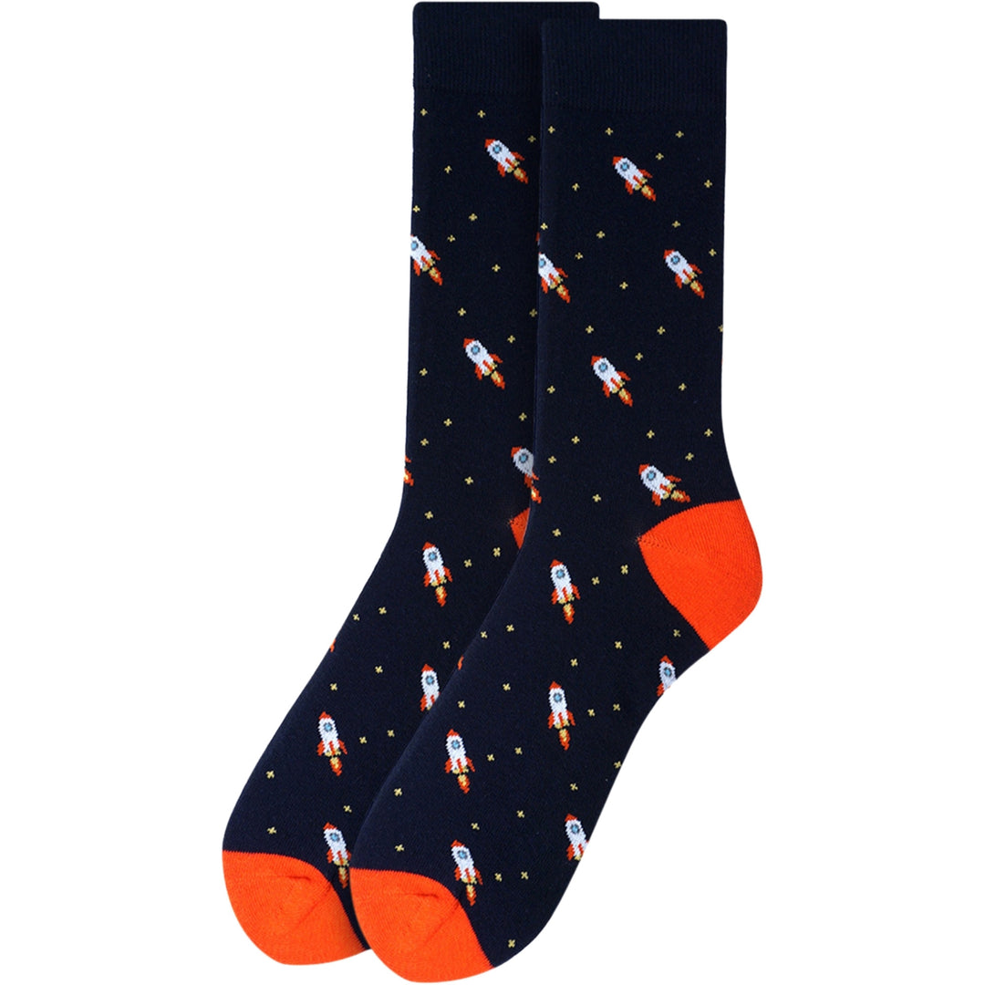 Flying Spaceship Stars Crew Novelty Socks - Navy Blue
