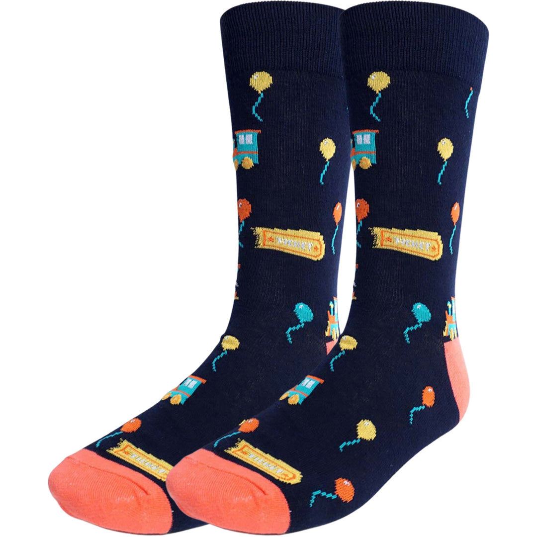Amusement Park Balloons Trains Crew Novelty Socks - Navy Blue