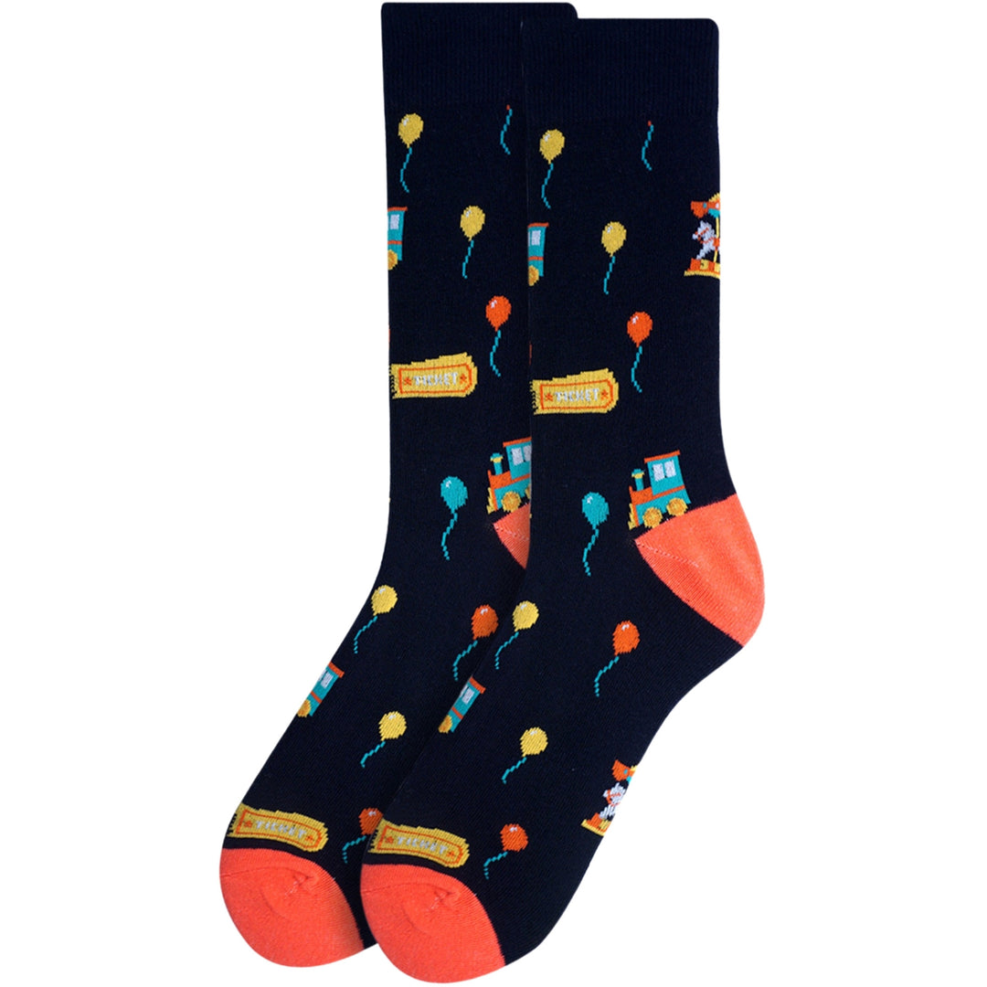Amusement Park Balloons Trains Crew Novelty Socks - Navy Blue