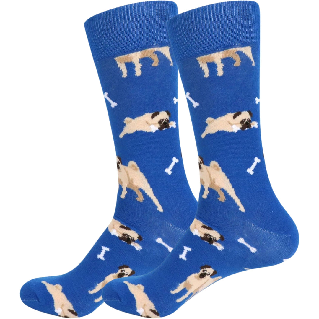 Playful Pug Dogs Bones Crew Novelty Socks - Blue