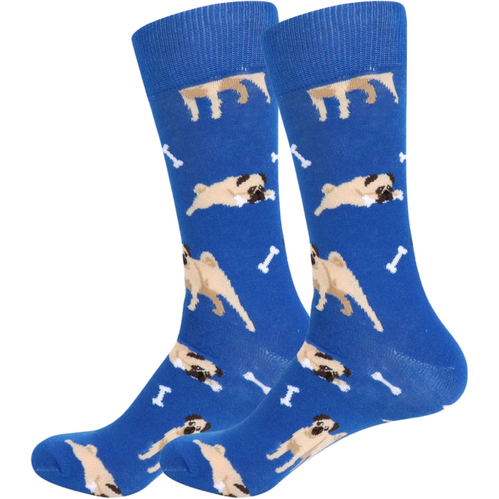 Playful Pug Dogs Bones Crew Novelty Socks - Blue