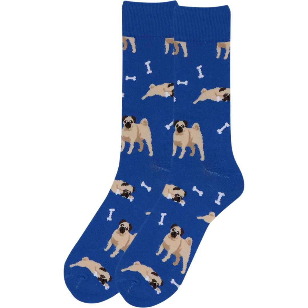 Playful Pug Dogs Bones Crew Novelty Socks - Blue