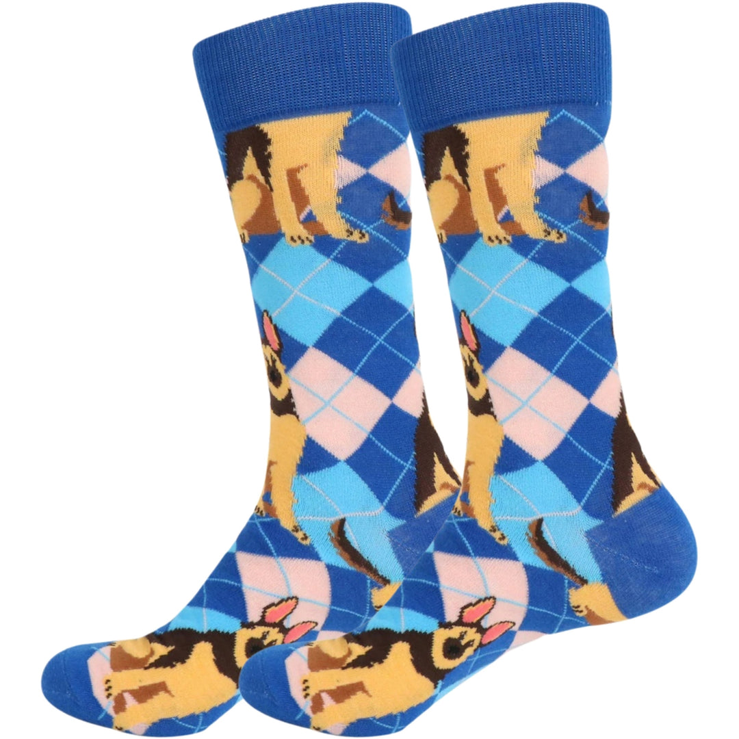 Happy Go Lucky Argyle German Shepherd Dogs Crew Novelty Socks - Blue
