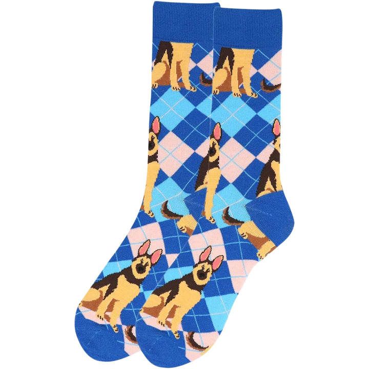 Happy Go Lucky Argyle German Shepherd Dogs Crew Novelty Socks - Blue