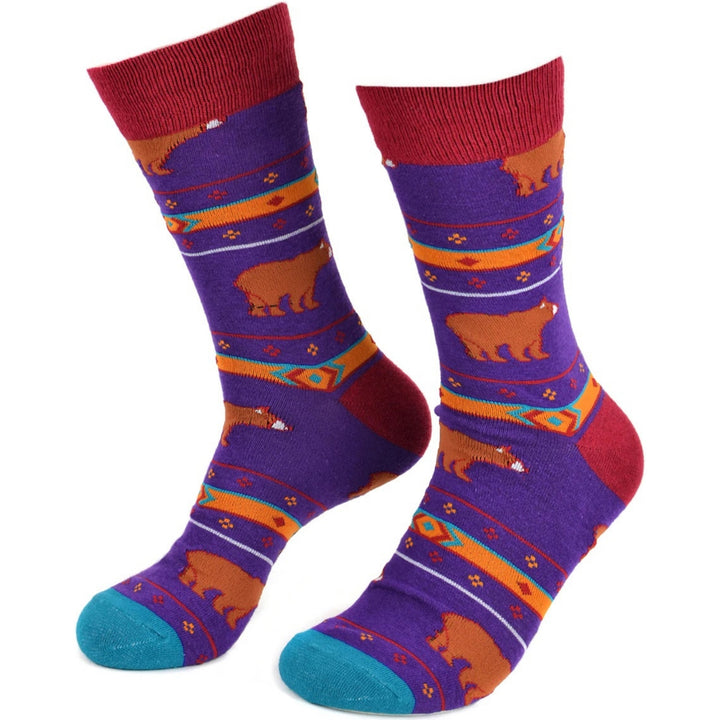 Mysterious and Playful Aztec Bear Crew Novelty Socks - Purple