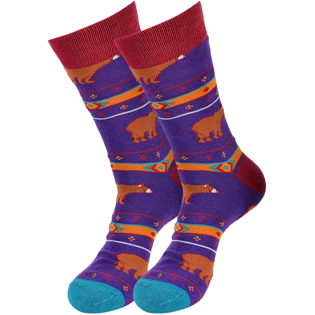 Mysterious and Playful Aztec Bear Crew Novelty Socks - Purple