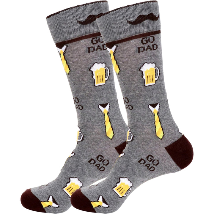 Beers and Ties Go Dad Mustache Crew Novelty Socks - Gray