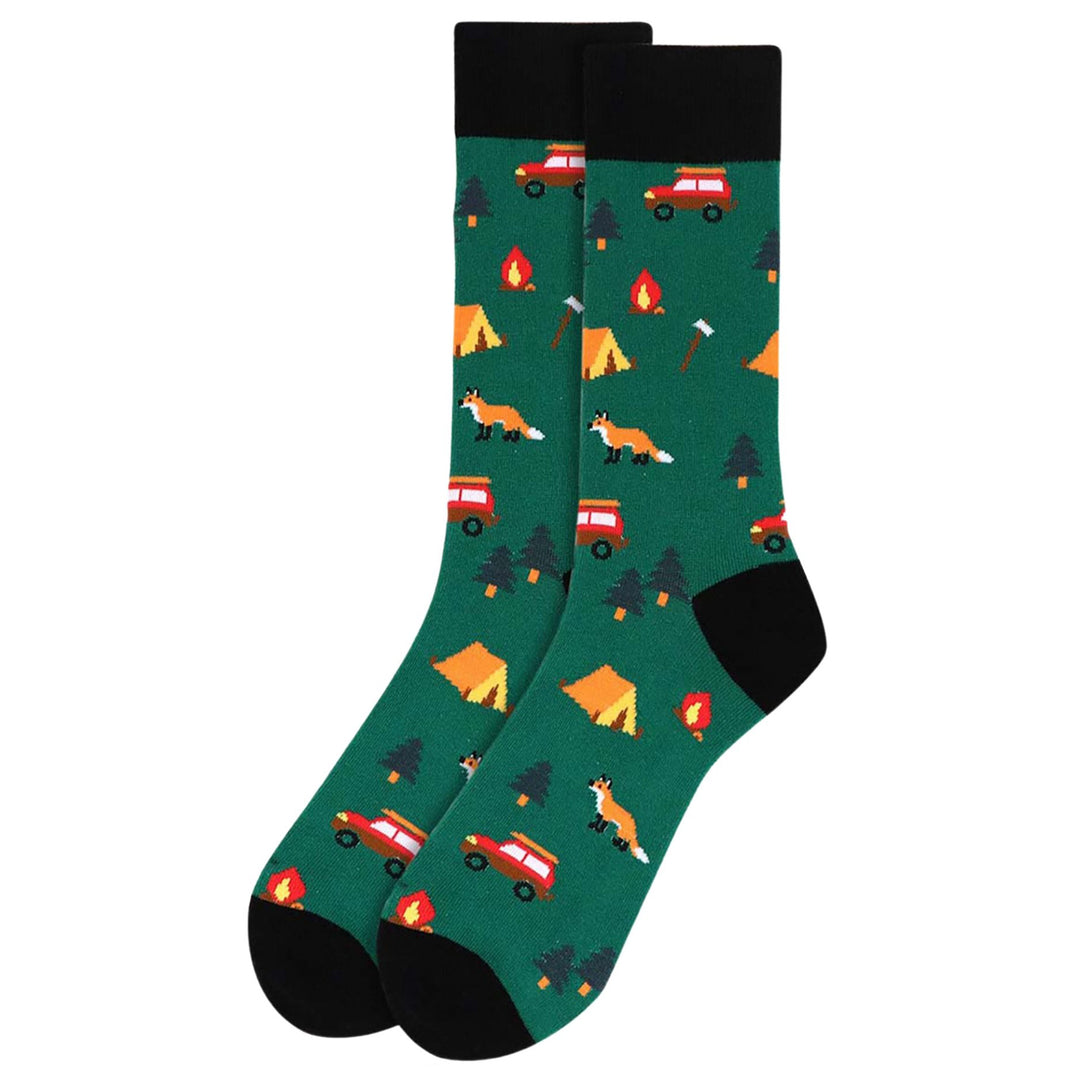 Camping Axe Trees Fox Camper Car Bonfire Tent Crew Novelty Socks - Green