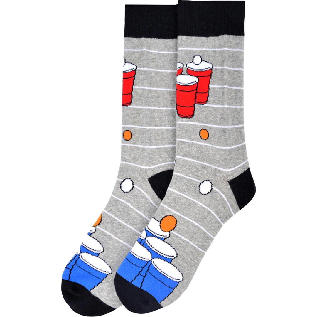 Beer Pong Stripe Crew Novelty Socks - Gray