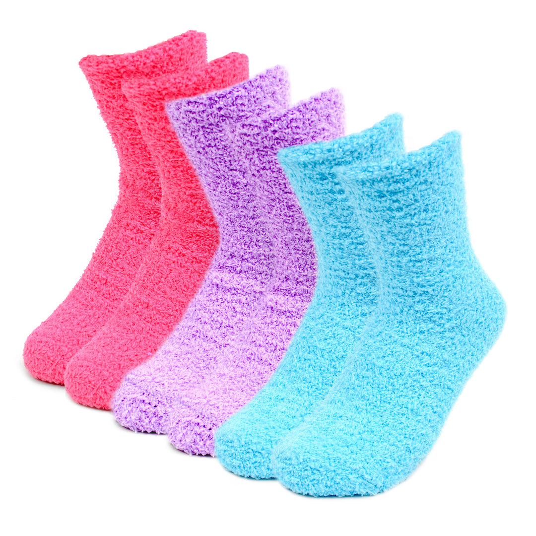 3 Pairs of Valentine's Assorted Pack Solid Bright Color Warm Fuzzy Socks - Pink Purple Blue