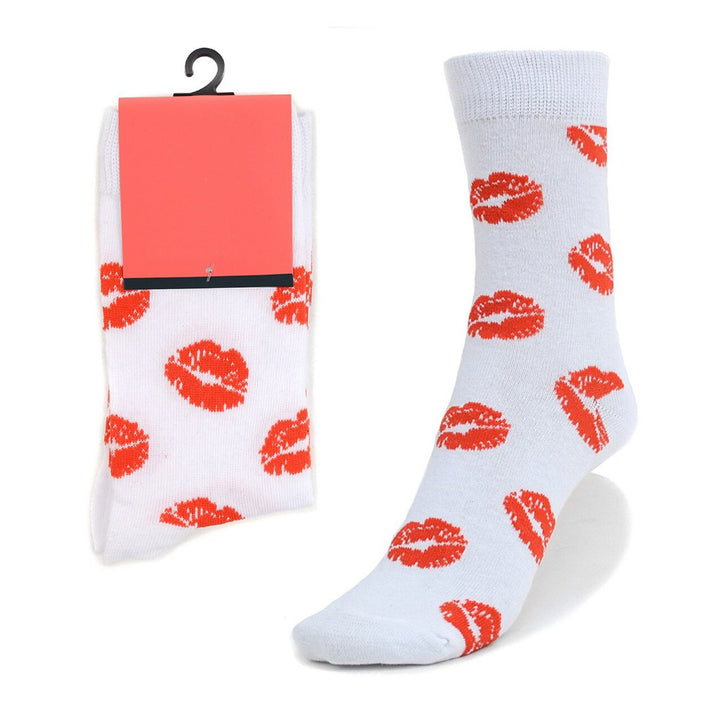 Red Lip Kiss White Crew Novelty Socks