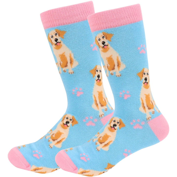 Retriever Dogs and Paw Print Novelty Socks - Light Blue