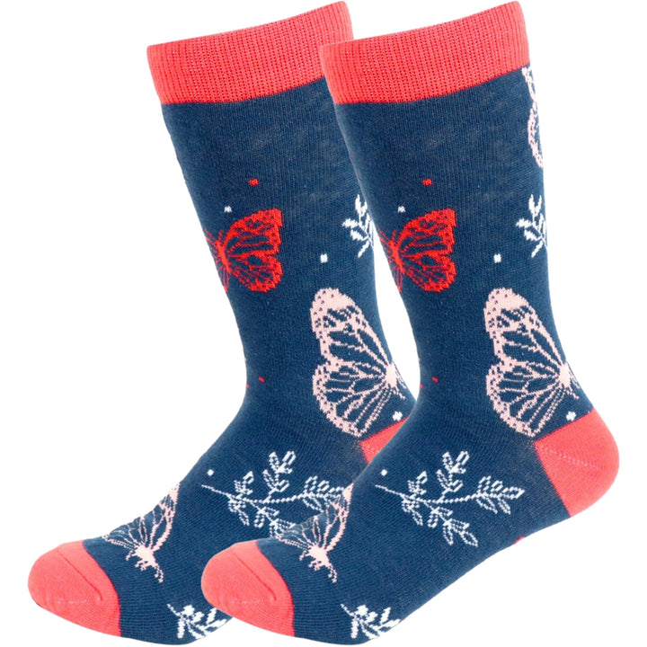 Fluttering Butterfly and Dancing Leaves Novelty Socks - Navy