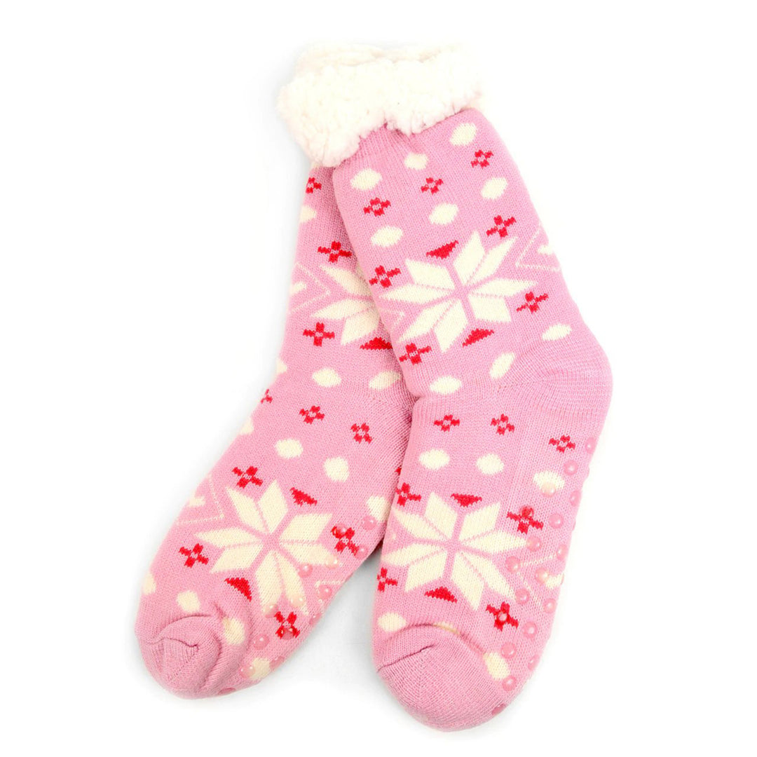 Snowflakes Fuzzy Plush Sherpa Slipper Socks - Pink White