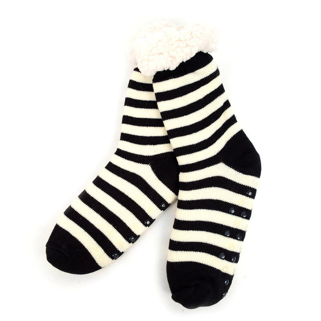 Christmas Stripes Fuzzy Plush Sherpa Slipper Socks - Black