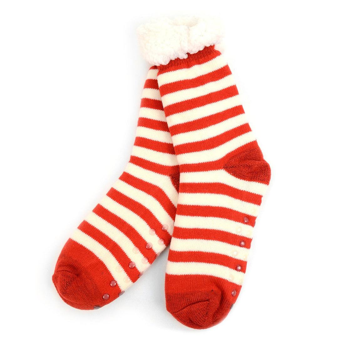 Christmas Stripes Fuzzy Plush Sherpa Slipper Socks - Red