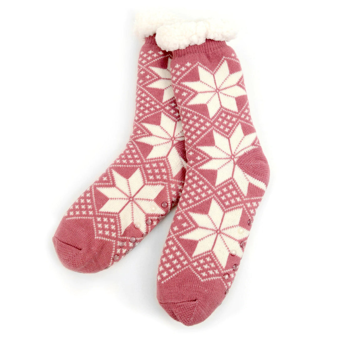 Big Snowflakes Fuzzy Plush Sherpa Slipper Socks - Red