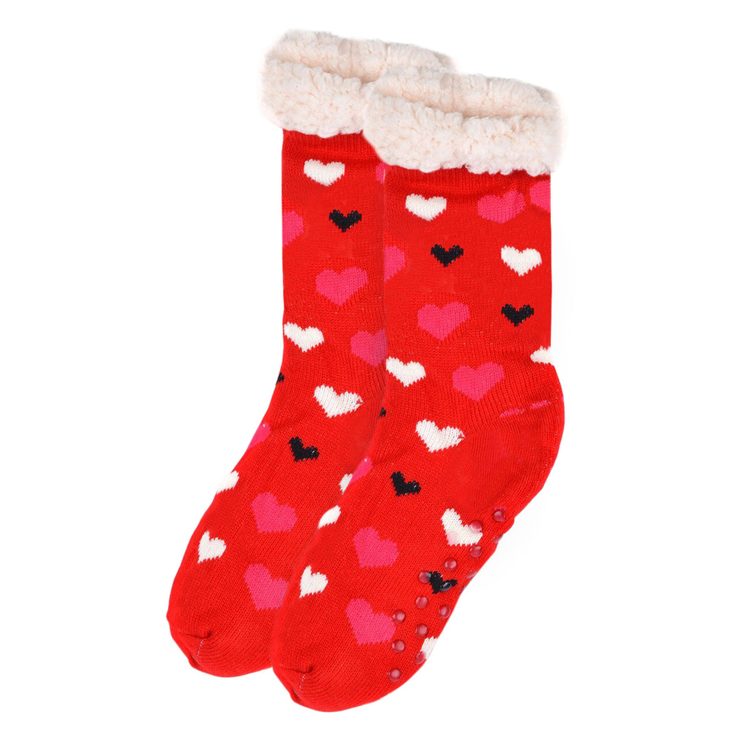 Hearts Plush Sherpa Slipper Socks - Red