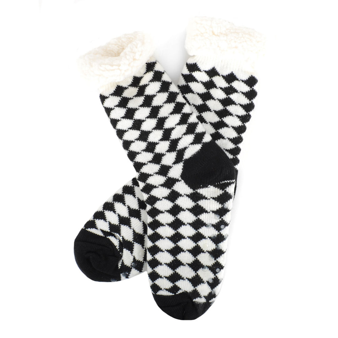 Checkerboard Fuzzy Plush Sherpa Slipper Socks - Black White