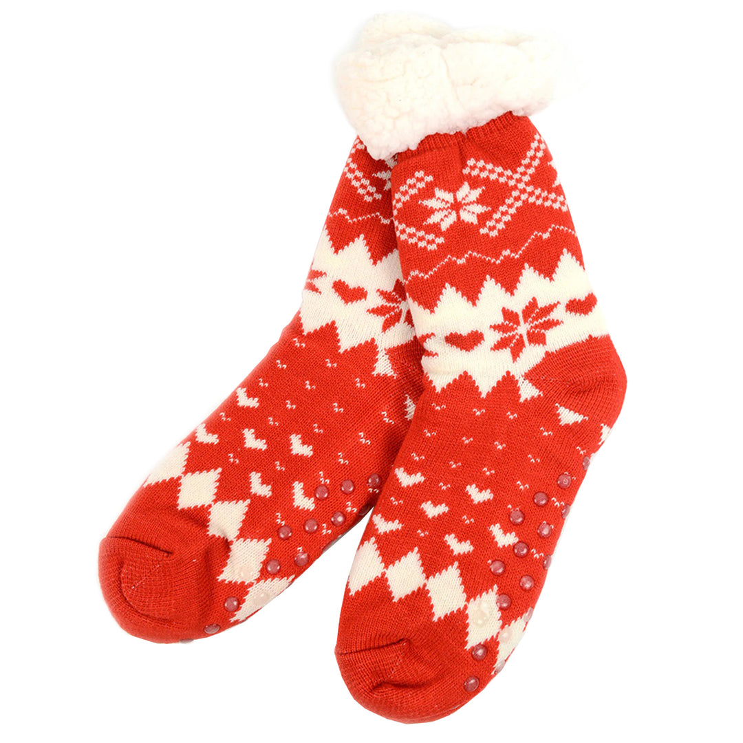 Snowflakes & Hearts Plush Sherpa Slipper Socks - Red