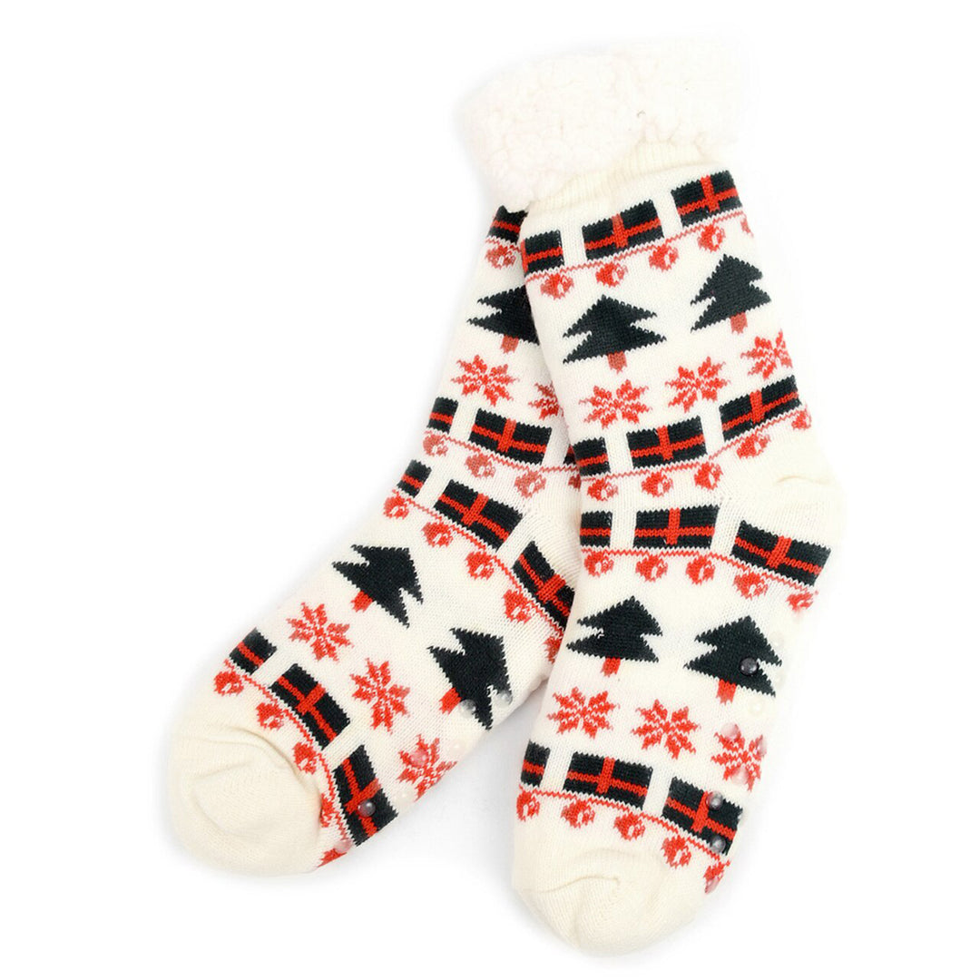 Snowflakes & Christmas Trees Plush Sherpa Slipper Socks - White