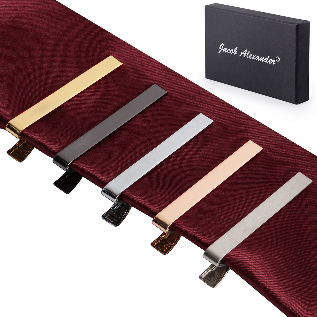 Five 2 in. Tie Clips Bar Boxed Gift Set - Black, Silver, and Rose Gold